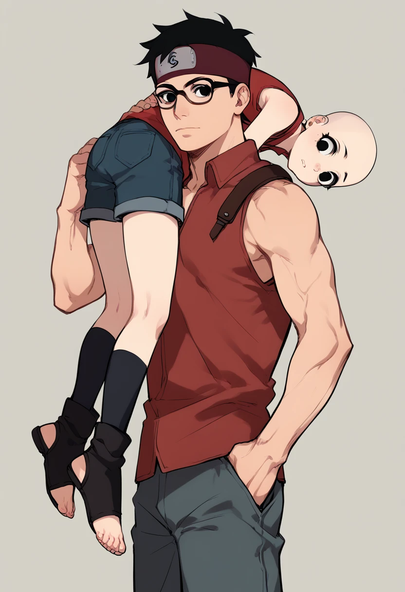 1girl, sarada, black eyes, black hair, short hair, glasses, headband, white tiny shorts, small stature,  body, toeless shoes, red sleeveless dress, (lora:SaradaXL:1) Being carried on the shoulder, back view. 

1boy, upper body, bald_boy, bald male, bigger male, taller male, carrying on shoulder, carrying_over_shoulder, naked, size difference, 