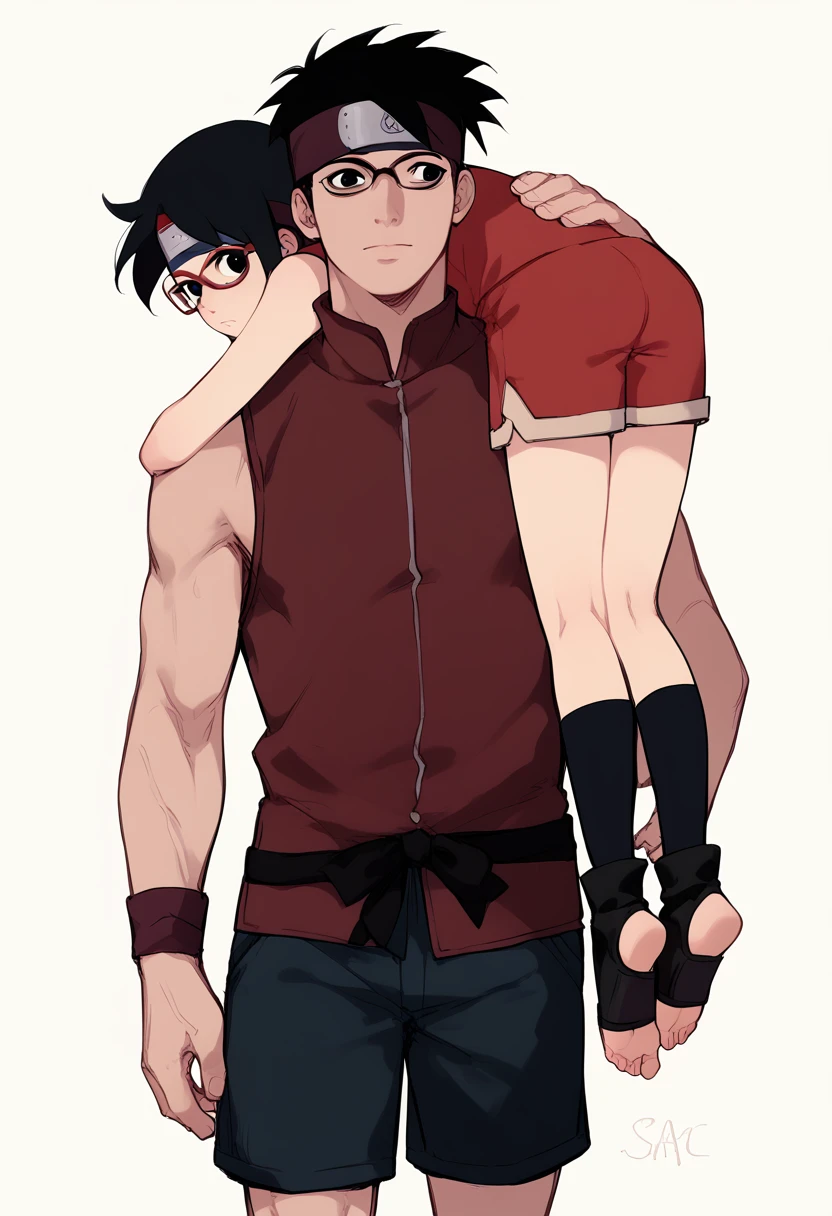 1girl, sarada, black eyes, black hair, short hair, glasses, headband, white tiny shorts, small stature,  body, toeless shoes, red sleeveless dress, (lora:SaradaXL:1) Being carried on the shoulder, back view. 

1boy, upper body, bald_boy, bald male, bigger male, taller male, carrying on shoulder, carrying_over_shoulder, naked, size difference, 