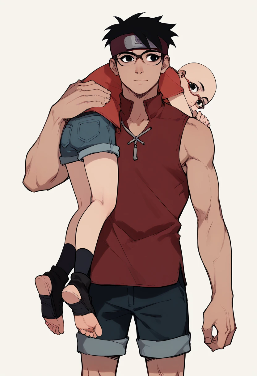 1girl, sarada, black eyes, black hair, short hair, glasses, headband, white tiny shorts, small stature,  body, toeless shoes, red sleeveless dress, (lora:SaradaXL:1) Being carried on the shoulder, back view. 

1boy, upper body, bald_boy, bald male, bigger male, taller male, carrying on shoulder, carrying_over_shoulder, naked, size difference, 