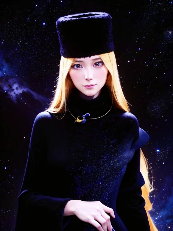 Maetel, Characters from Galaxy Express 999, very beautiful and Highly detailed face, (Wearing Long black ushanka[Russian hat]), Long eyelashes, Slightly droopy eyes, Kind and long brown eyes, Elegant mouth, and waist-length blonde[shiny flaxen color], look on face a lonely smile, Wearing a knee-length long-sleeved dress and a coat with a cape and fur around the neck cuffs and hem, All are unified in black color. (Medium size portrait:1.1, Maetel's face will appear in the center of the screen with like a Bleed into the background:1.1), Double Exposure, 
BREAK,
(A fairytale steam locomotive running through the starry sky in space), Here and there the windows shine with yellow light, (Lots of beautiful stars, cosmic sky:1.1, Gradient Universe background:1.1, Colorful gradient of space nebula:1.1, Star Universe Gradient, Stardust), ((((surface is space:1.4)))), 
(detailed skin texture, detailed pupils, HDR), (narrow waist:1.1),((masterpiece)), (realistic anime), (High resolution, Best Quality, Super detailed)