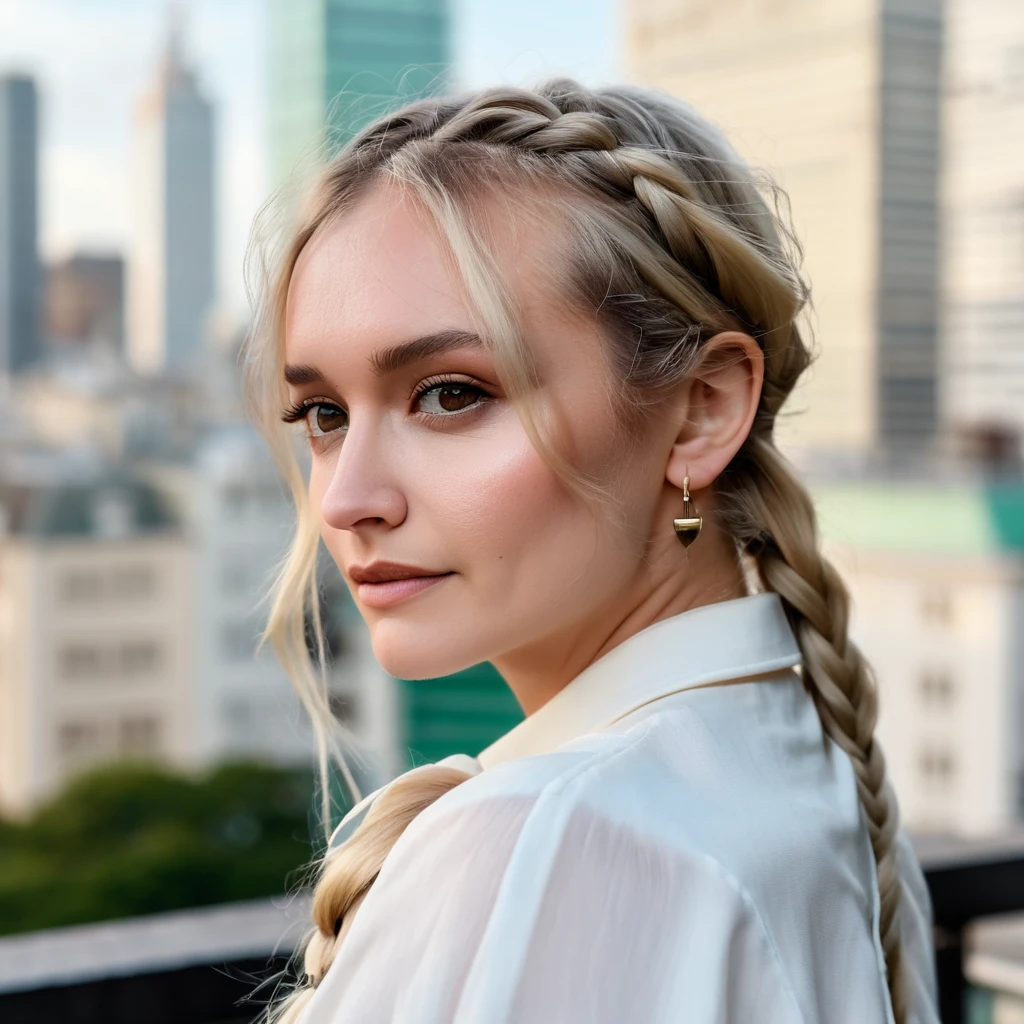 (Skin Texture, pores, natural,iPhone,RAW)), natural lighting, Highest Quality (closeup) Portrait photo of a woman with long braided platinum blonde hair,  Nikon Z9, realistic matte skin,  blurry city in the background, 8K, ((looking straight at the camera)), olxcke,  