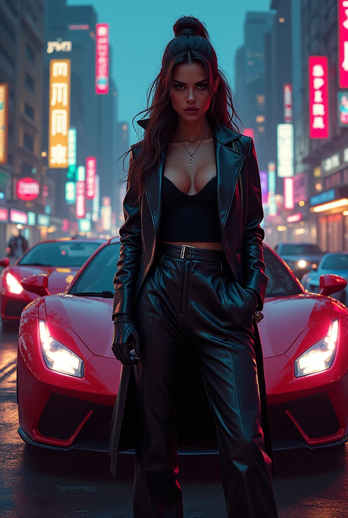 A girl posing in front of a neon-lit sports car. They are wearing bright, colorful outfits with a futuristic, cyberpunk aesthetic. The overall mood is playful and energetic. Silver boots, black hair pigtails, jean Paul Gaultier, clut studio, the themed color is black and red maroon