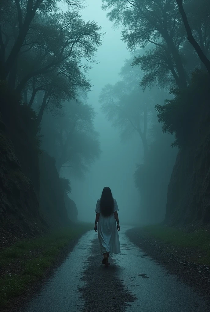Make the dark spirit of a woman in white with black hair, wandering along a deserted road surrounded by dense forest, in rainy weather