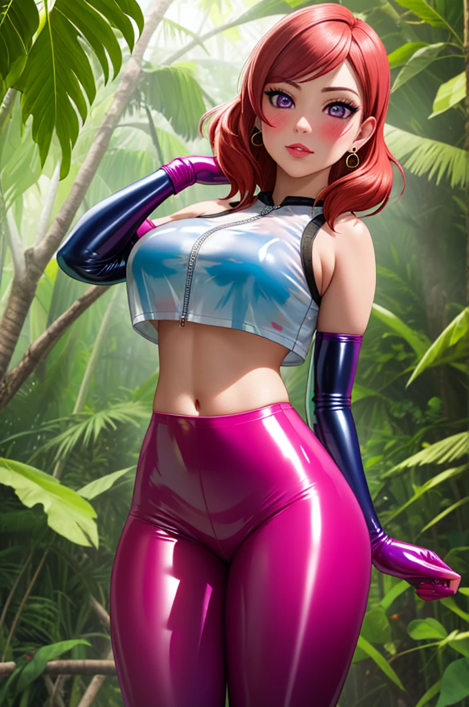 masterpiece, best quality,8k wallpaper, 1boy, 1girl, nishikino maki, purple eyes, (pink tight crop top), breasts ,elbow gloves, (pink latex leggings),in jungle , (standing), earrings , blushing ,Couple ,facing each other