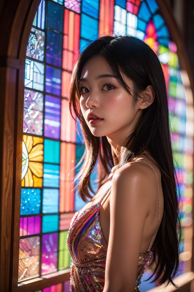 highest quality, 8K resolution, masterpiece, Professional Artwork, Illustration, digital illustration, digital painting, , One Japanese woman, 2, Upper Body View, The background is colorful beautifully designed stained glass, Enchanting atmosphere, contemporary scene, Rainbow Glass, sexy stunning girl, wearing big gowns