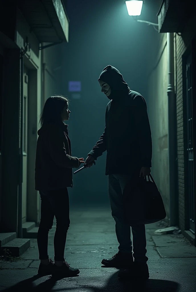 A girl alone on the street with a thief at her side trying to stealthily kidnap her while the girl is scared and shaking