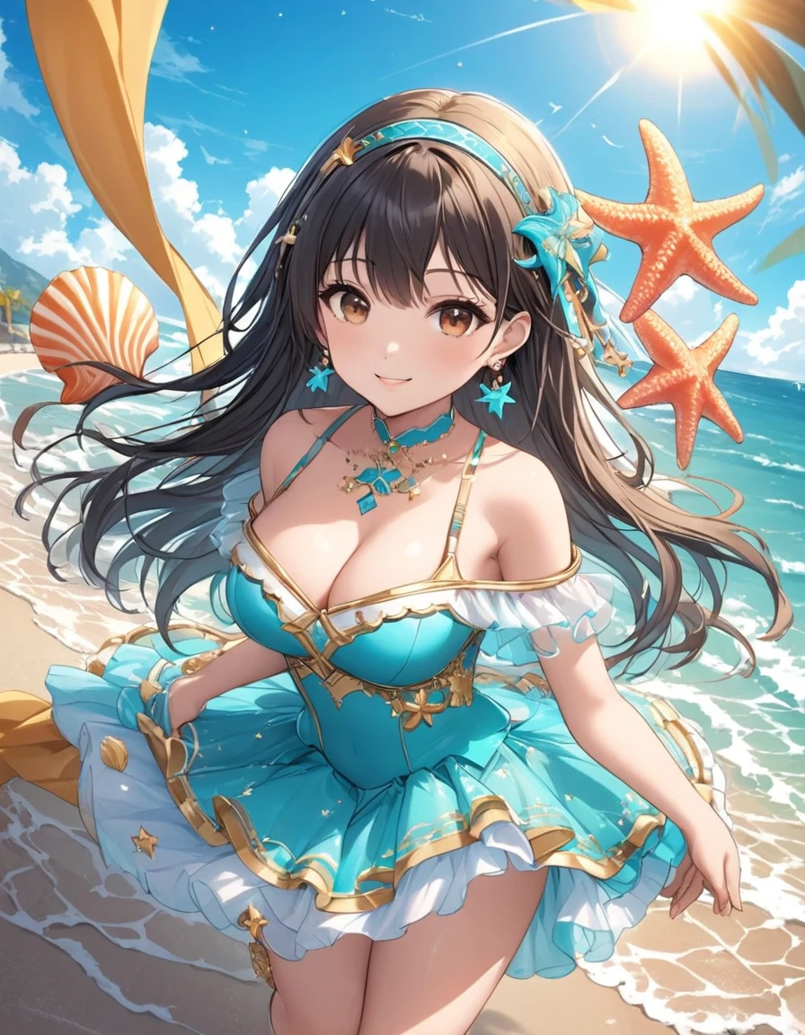 4k, bestquality, detailed, detailed scenery, detailed eyes, 1Girl, cute, adorable, straight hair, long hair, black hair, brown eyes, cleavage, smiling, looking at the camera, standing, sexy pose, Marine Melody Idol-inspired costume, featuring motifs of seaside dreams with shells and starfish, with a color palette of turquoise and sun yellow,
(one-piece), costume includes a fitted top with shell-shaped embellishments and starfish motifs in shimmering turquoise and gold, neckline is off-the-shoulder, adorned with delicate ruffles,
skirt is a flowing, ankle-length design with layers of chiffon and satin, creating a breezy, oceanic effect, hemline features embroidered waves and pearl accents, platform sandals, Accessories include a headband and starfish earrings