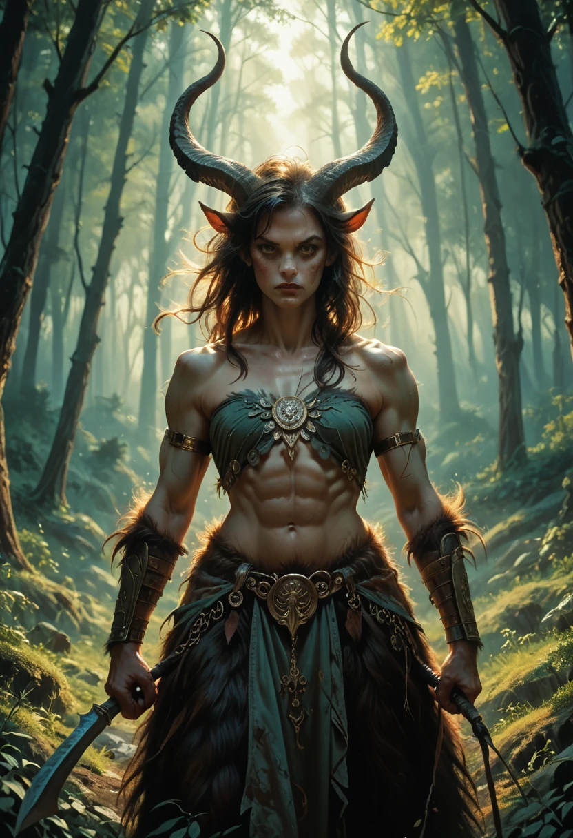 A fierce female satyr, mythological creature, Greek mythology, imposing goat horns, detailed face, muscular body, battle-ready pose, mythical forest background, dramatic lighting, fantasy art style, cinematic composition, highly detailed, 8k, masterpiece, ((holding a falcata))