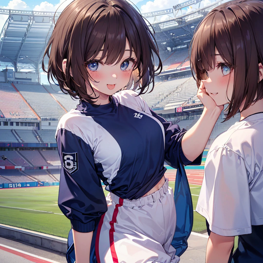 girl, brown hair tied in two, purple eyes, wear uniform, her hair is tied. strong girl, intrepid, sports uniform, domination type, her hair is twins ponytails, girl who loves sports, intrepid, punch, thug, Track and Field Club,