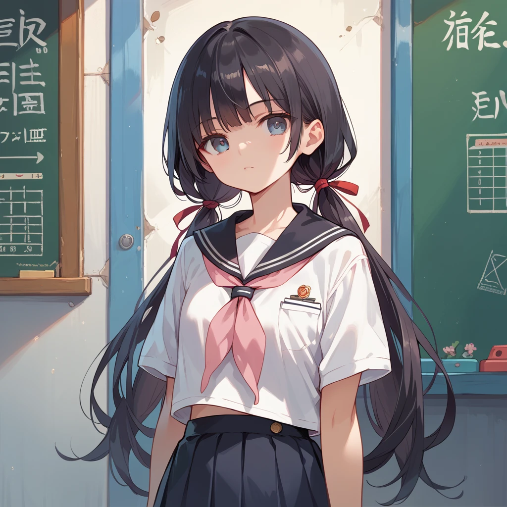 score_9, score_8_up, score_7_up, score_6_up, (best quality, masterpiece, ultra detailed, 8k), anatomically correct, anime, 1girl, very long low twintails, red ribbon, black hair, serafuku, black sailor collar, white blouse, pink neckerchief, school, from front