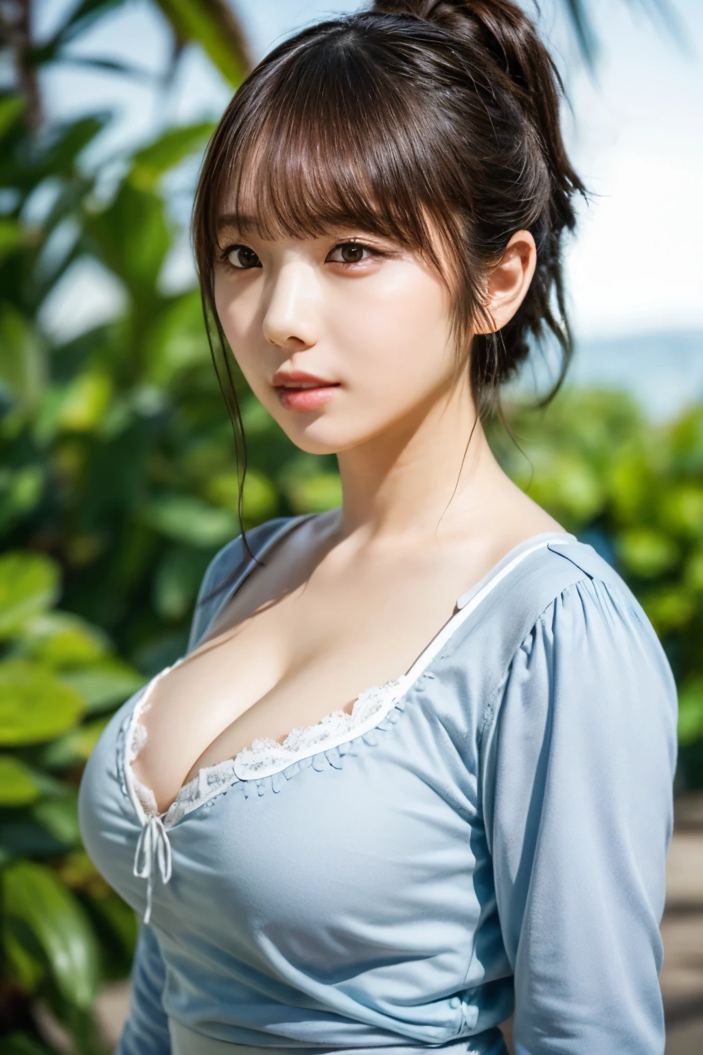 (realistic, photo-realistic), (best quality, masterpiece), high resolution, intricate details, extremely detailed, sharp focus, cinematic lighting, portrait, bust shot, face focus, solo, 1girl standing, (revealing blouse), (huge breasts, cleavage), (tiny girl, smaller face, detailed face, detailed eyes, sophisticated nose), ponytail hair, pale skin, photo background, outdoors, nature, blue sky and clouds, 