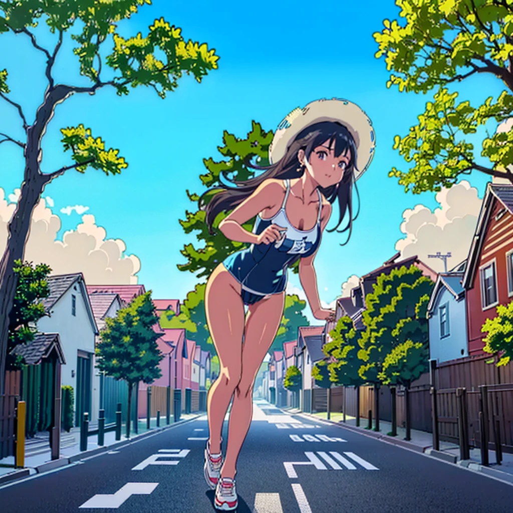 Composition seen from below (blue sky) ((cumulonimbus cloud)) Masterpiece Anime style Delicate picture 4K 90s (((((This is a street lined with houses lined with trees)))), ((Girl looking down at the roofs of houses)) Ground vehicle, outdoors, ((bicycle)), tree, landscape, car, road, sun , building, cloud, house, blue sky, window Crowd Crowd Crowd of people ((((Giant girl walking on the road in a residential area)))　(((((Swimsuit)))) ((Straw hat)) ((Tanned skin)) Watch Black hair Smile Giant female girl Full body Crowd Unreal Engine, cleavage, photo, earrings, long hair , cute photo, beauty, analog style, whole body, sneakers,GTS, Giantess Female Giant, huge girl in the valley between buildings, skyscraper area, big city,