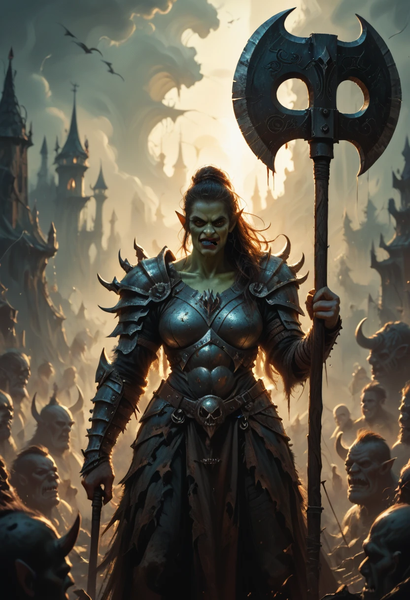 a frightening female orc warrior, detailed orc facial features, sharp fangs, crual eyes, muscular body, holding a large battle axe, wearing heavy fur armor, grim expression, dramatic lighting, dark fantasy, muted color palette, digital painting, hyper detailed, cinematic composition, masterpiece