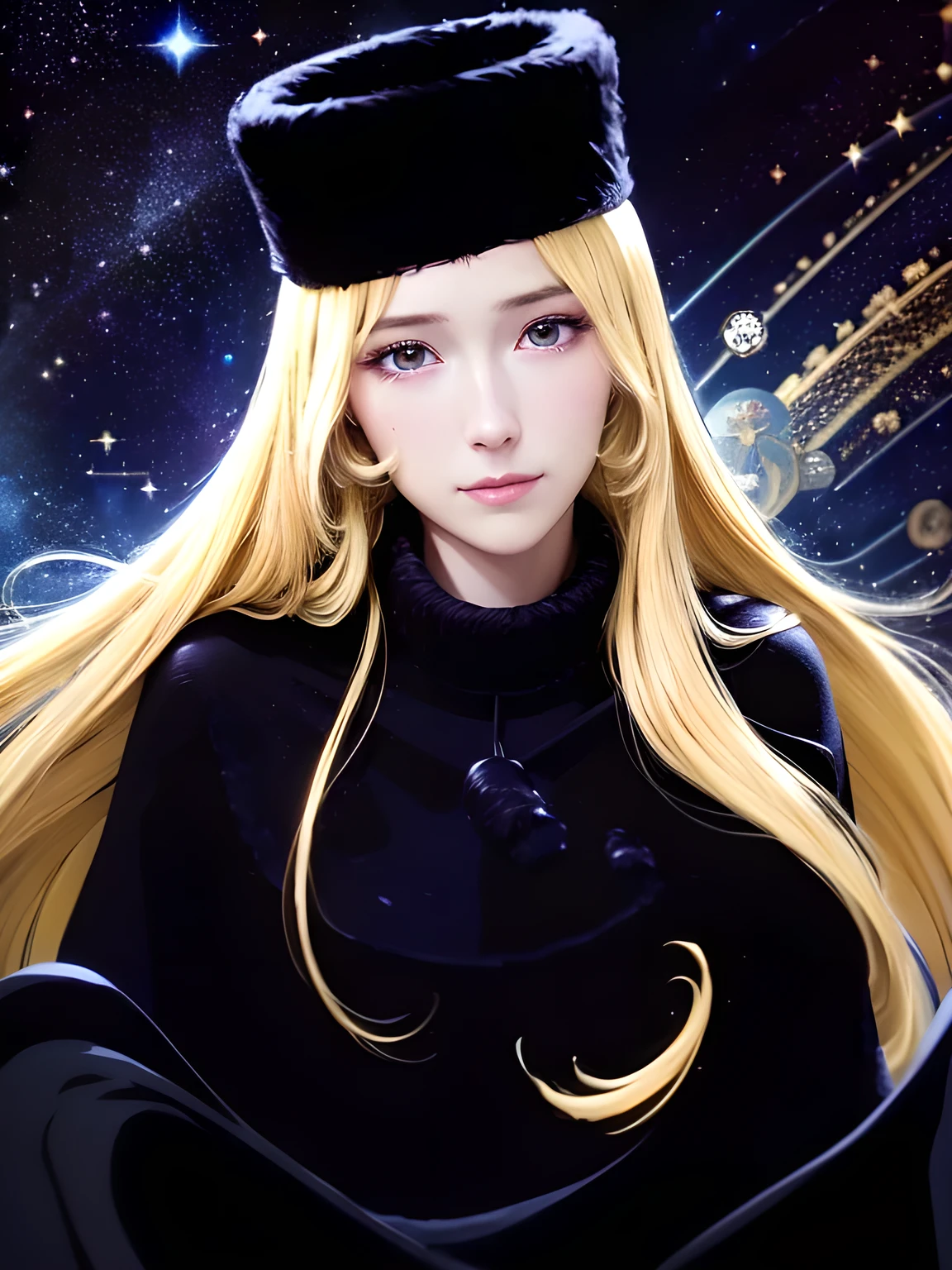 Maetel, Characters from Galaxy Express 999, very beautiful and Highly detailed face, (Wearing Long black ushanka[Russian hat]), Long eyelashes, Slightly droopy eyes, Kind and long brown eyes, Elegant mouth, and waist-length blonde[shiny flaxen color], look on face a lonely smile, Wearing a knee-length long-sleeved dress and a coat with a cape and fur around the neck cuffs and hem, All are unified in black color. (Medium size portrait:1.1, Maetel's face will appear in the center of the screen with like a Bleed into the background:1.1), BREAK, (A fairytale steam locomotive running through the starry sky in space), Here and there the windows shine with yellow light, (Lots of beautiful stars, cosmic sky:1.1, Gradient Universe background:1.1, Colorful gradient of space nebula:1.1, Star Universe Gradient, Stardust), ((((surface is space:1.4)))), (detailed skin texture, detailed pupils, HDR), (narrow waist:1.1),((masterpiece)), (realistic anime), (High resolution, Best Quality, Super detailed) 