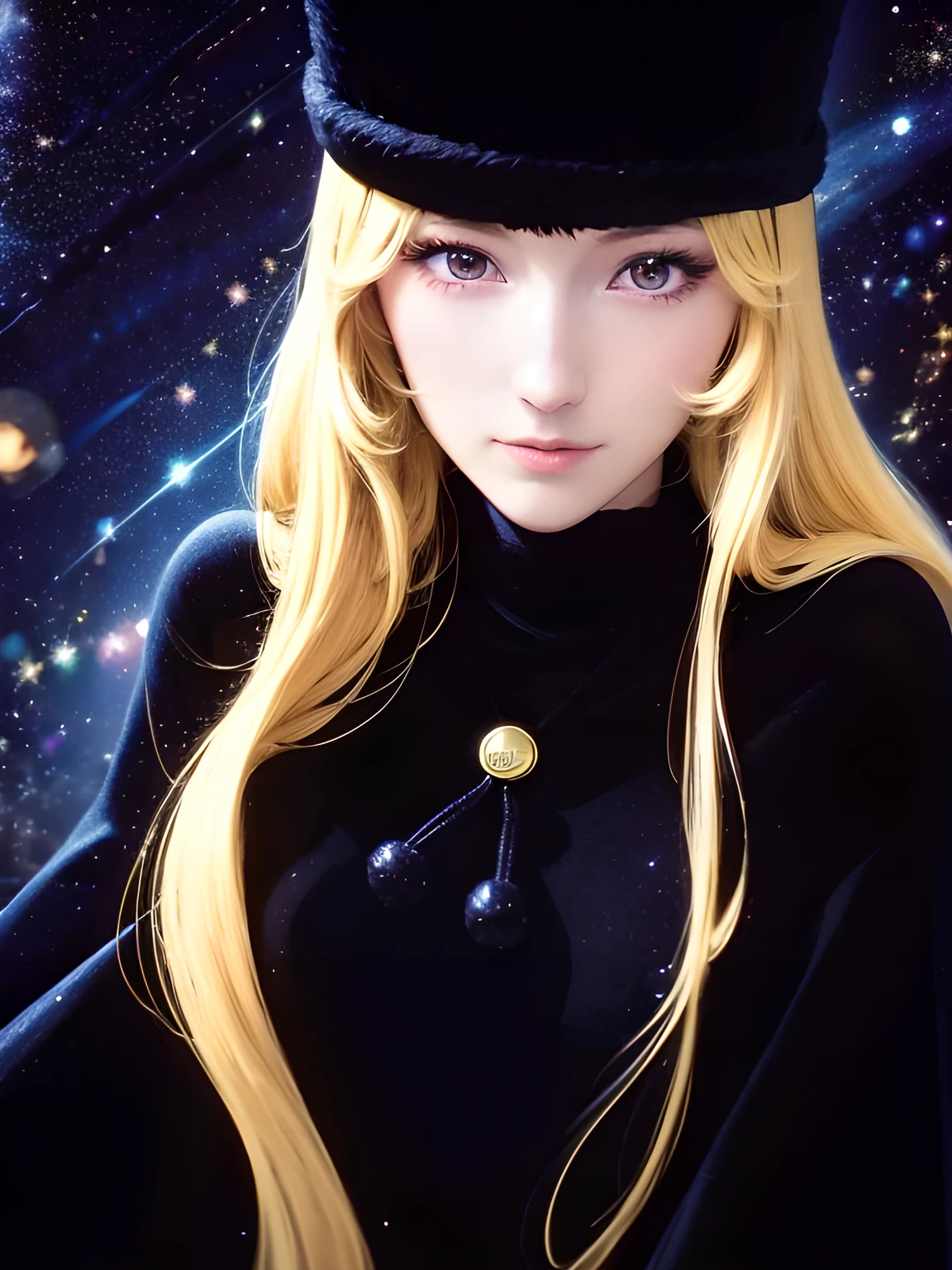 Maetel, Characters from Galaxy Express 999, very beautiful and Highly detailed face, (Wearing Long black ushanka[Russian hat]), Long eyelashes, Slightly droopy eyes, Kind and long brown eyes, Elegant mouth, and waist-length blonde[shiny flaxen color], look on face a lonely smile, Wearing a knee-length long-sleeved dress and a coat with a cape and fur around the neck cuffs and hem, All are unified in black color. (Medium size portrait:1.1, Maetel's face will appear in the center of the screen with like a Bleed into the background:1.1), 
BREAK,
(A fairytale steam locomotive running through the starry sky in space), Here and there the windows shine with yellow light, (Lots of beautiful stars, cosmic sky:1.1, Gradient Universe background:1.1, Colorful gradient of space nebula:1.1, Star Universe Gradient, Stardust), ((((surface is space:1.4)))), 
(detailed skin texture, detailed pupils, HDR), (narrow waist:1.1),((masterpiece)), (realistic anime), (High resolution, Best Quality, Super detailed)