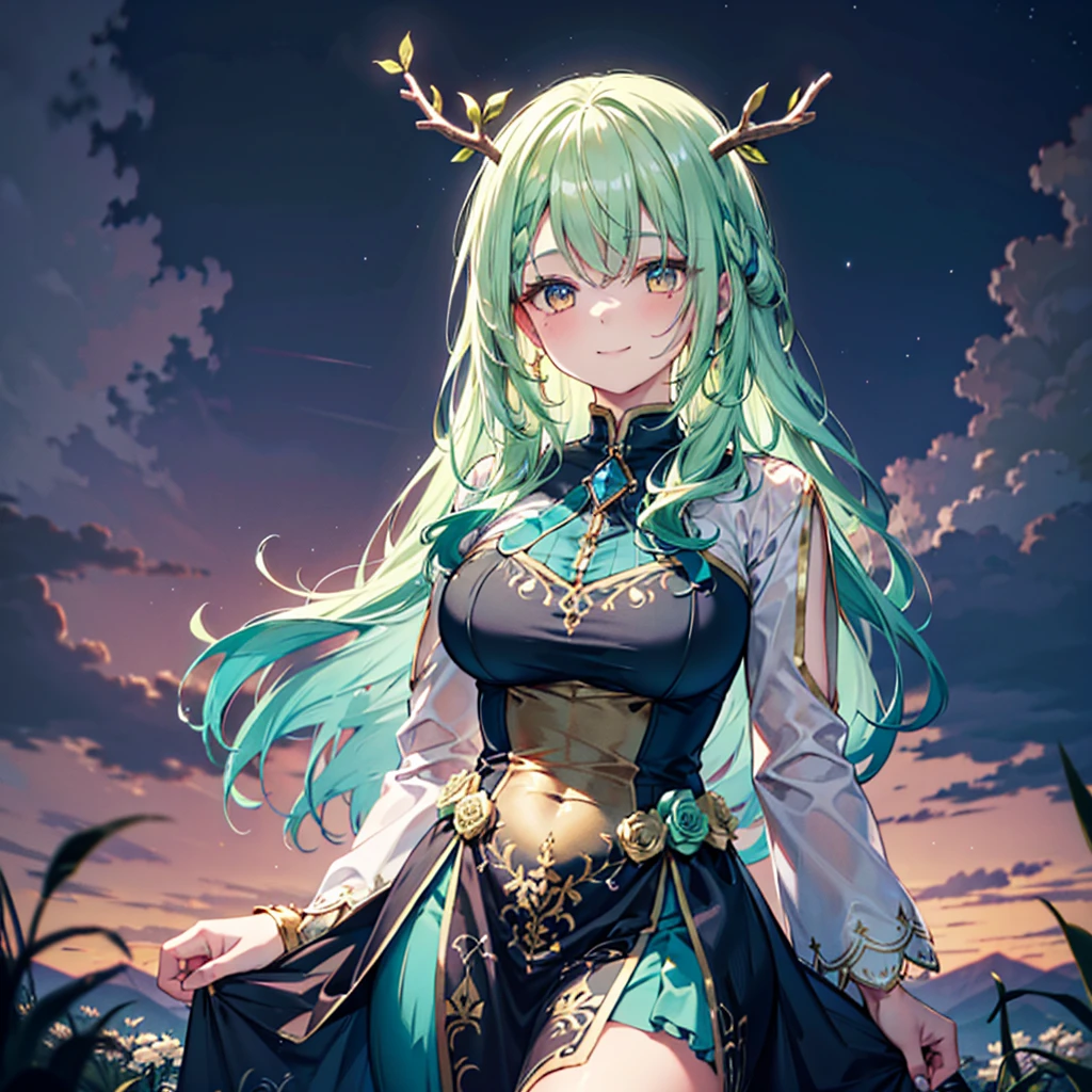 Young nature goddes with blue dress with golden details, antlers, golden eyes, green hair, flowers in hair, gently smile, beautiful gorest at night, storm at the distance, voluminous and curvy body, mother image