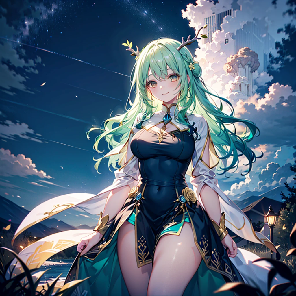 Young nature goddes with blue dress with golden details, antlers, golden eyes, green hair, flowers in hair, gently smile, beautiful gorest at night, storm at the distance, voluminous and curvy body, mother image