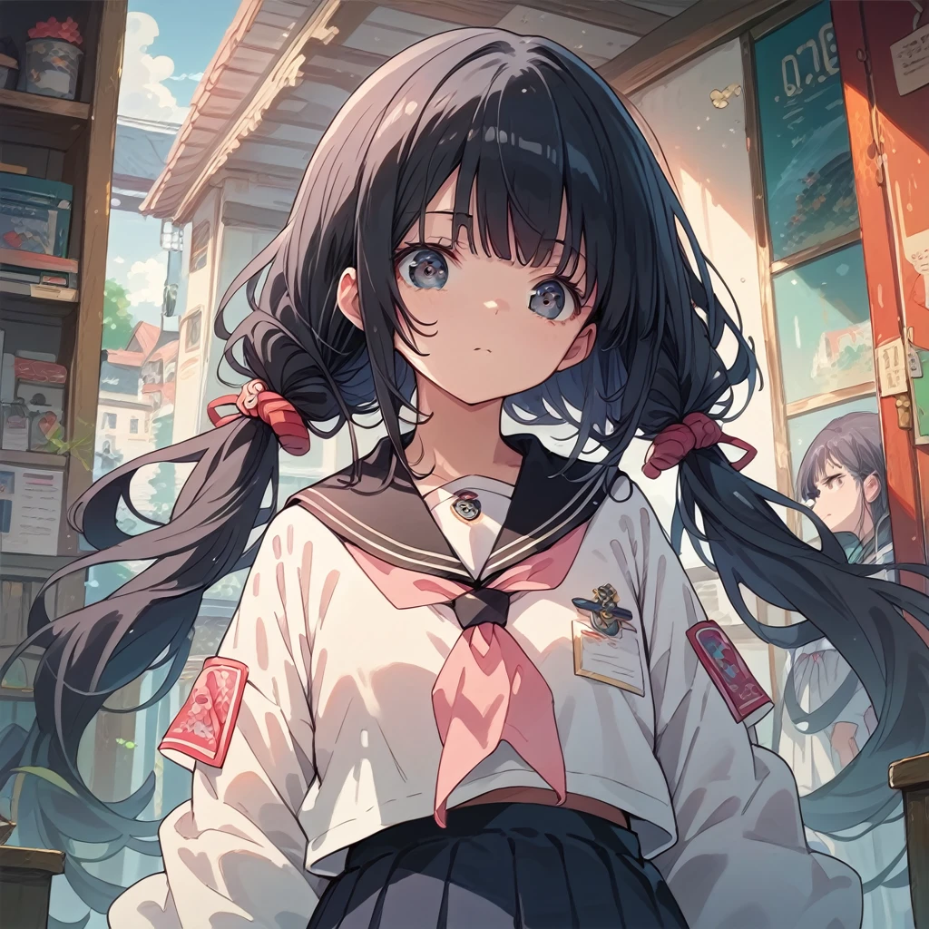 score_9, score_8_up, score_7_up, score_6_up, (best quality, masterpiece, ultra detailed, 8k), anatomically correct, anime, 1girl, very long low twintails, red ribbon, black hair, serafuku, black sailor collar, white blouse, pink neckerchief, school, from front