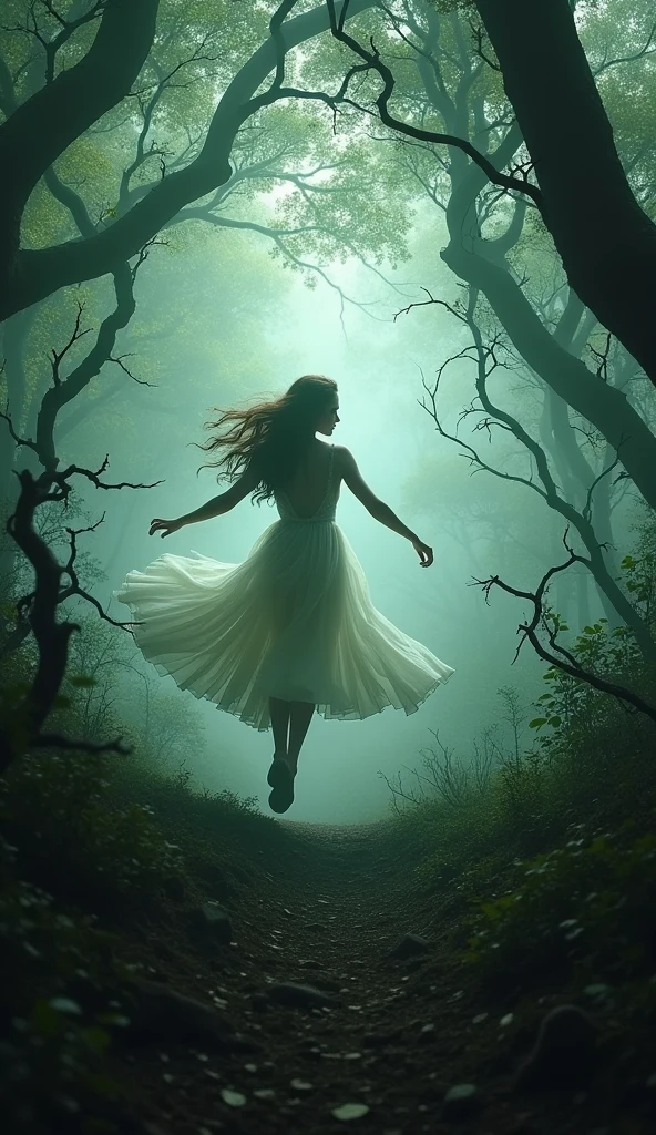 Snow White, running through a dark, dense forest, her expression a mix of fear and desperation. The trees loom tall and foreboding, creating a sense of isolation and danger.