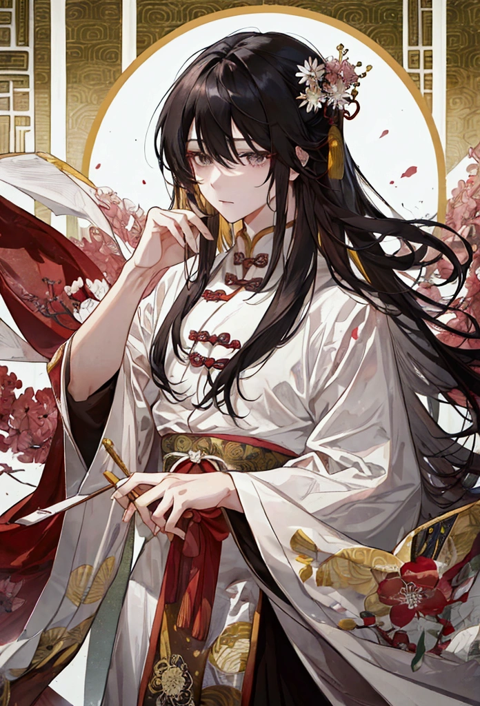 best qualtiy,grand master,Level,male people,handsome,The eyes are melancholy,Upper body side,Angular chin,Head down slightly,Long black hair,Black ancient clothes,red color eyes,gentleness