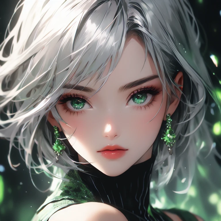 ultra realistic, 4k, masterpiece, best quality, ultra-detailed, 1girl, white hair, bobcut, emerald green eyes, glittery eyes, (close-up:0.6), straight on, face focus , highly detailed skin, full lips, smiling, red plump lips, glowing skin, dark green eyes, black eyeliner, smokey eyes, (3D:0.5)