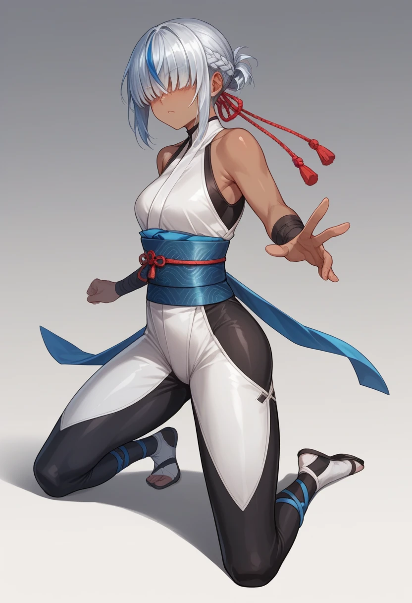 ninja,kunoichi,dark skin,black bodysuit,bare shoulders,obi,white china bodysuit,fullbody,
[black hair:Silver bangs:0.1],gleaming,around blue highlights, silver colored tips , gradient blue hair, shiny blue streaked hair:0.5, hair over eyes ,forehead, french braid ,  open stance ,  forehead ,shiny black eyebrows, eyelashes, cute face ,hair reflecting light ,blush, simple background,dynamic light,dramatic shadow, ,gamecg, ,core_9, score_8_up, score_7_up, score_6_up, score_5_up, score_4_up, source anime,