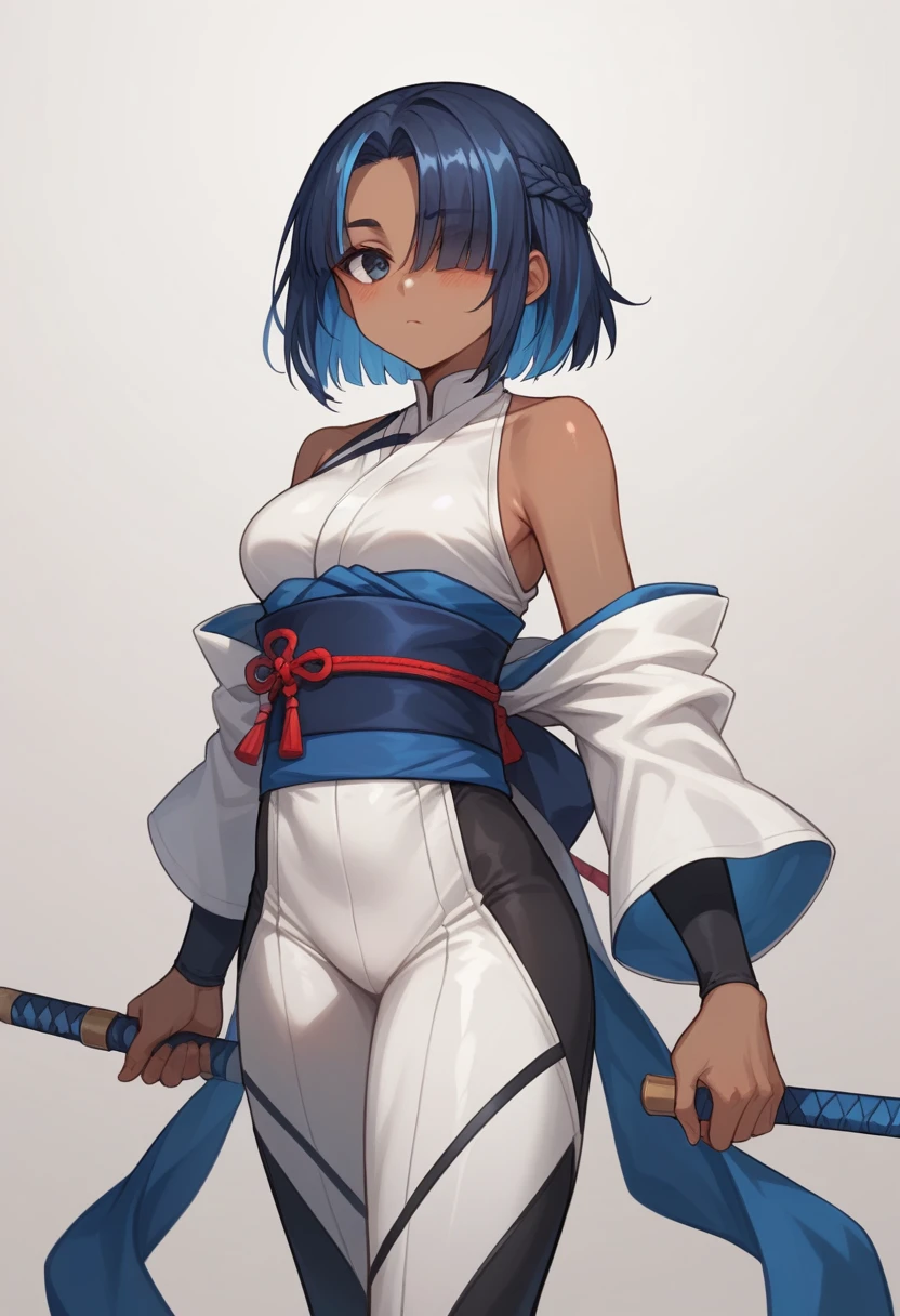 ninja,kunoichi,dark skin,black bodysuit,bare shoulders,obi,white china bodysuit,fullbody,
[black hair:Silver bangs:0.1],gleaming,around blue highlights, silver colored tips , gradient blue hair, shiny blue streaked hair:0.5, hair over eyes ,forehead, french braid ,  open stance ,  forehead ,shiny black eyebrows, eyelashes, cute face ,hair reflecting light ,blush, simple background,dynamic light,dramatic shadow, ,gamecg, ,core_9, score_8_up, score_7_up, score_6_up, score_5_up, score_4_up, source anime,