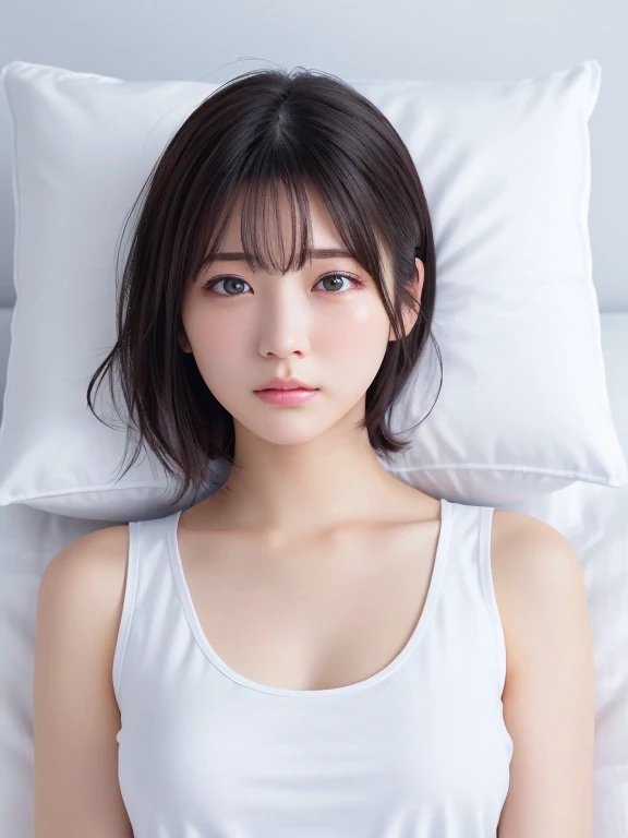 masterpiece, Highest quality, One Woman, (RAW Photos, Highest quality), (reality, Realistic:1.4), Clean look、Iris、very detailed eyes and face, Beautiful and detailed nose, beautiful eyes, Perfect Anatomy, Black short hair、White short tank top, Ample breasts、White skin、Crying face、（sad）、Face Focus、Sleeping on your back、Hands above head、pillow、On the bed