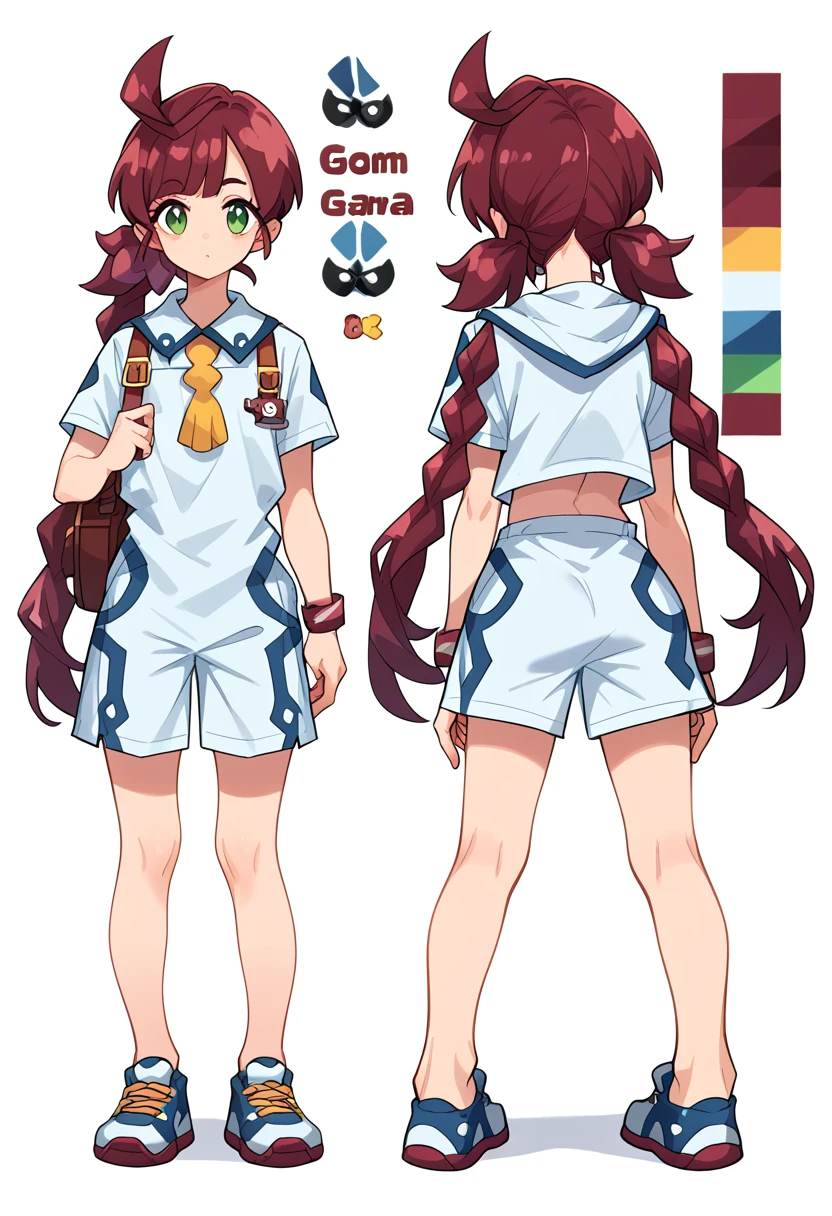 Character Reference Sheet, ConceptArt, cute boy, femboi, nice barefeet, Two ponytails, gamer, Character Sheet, The same character