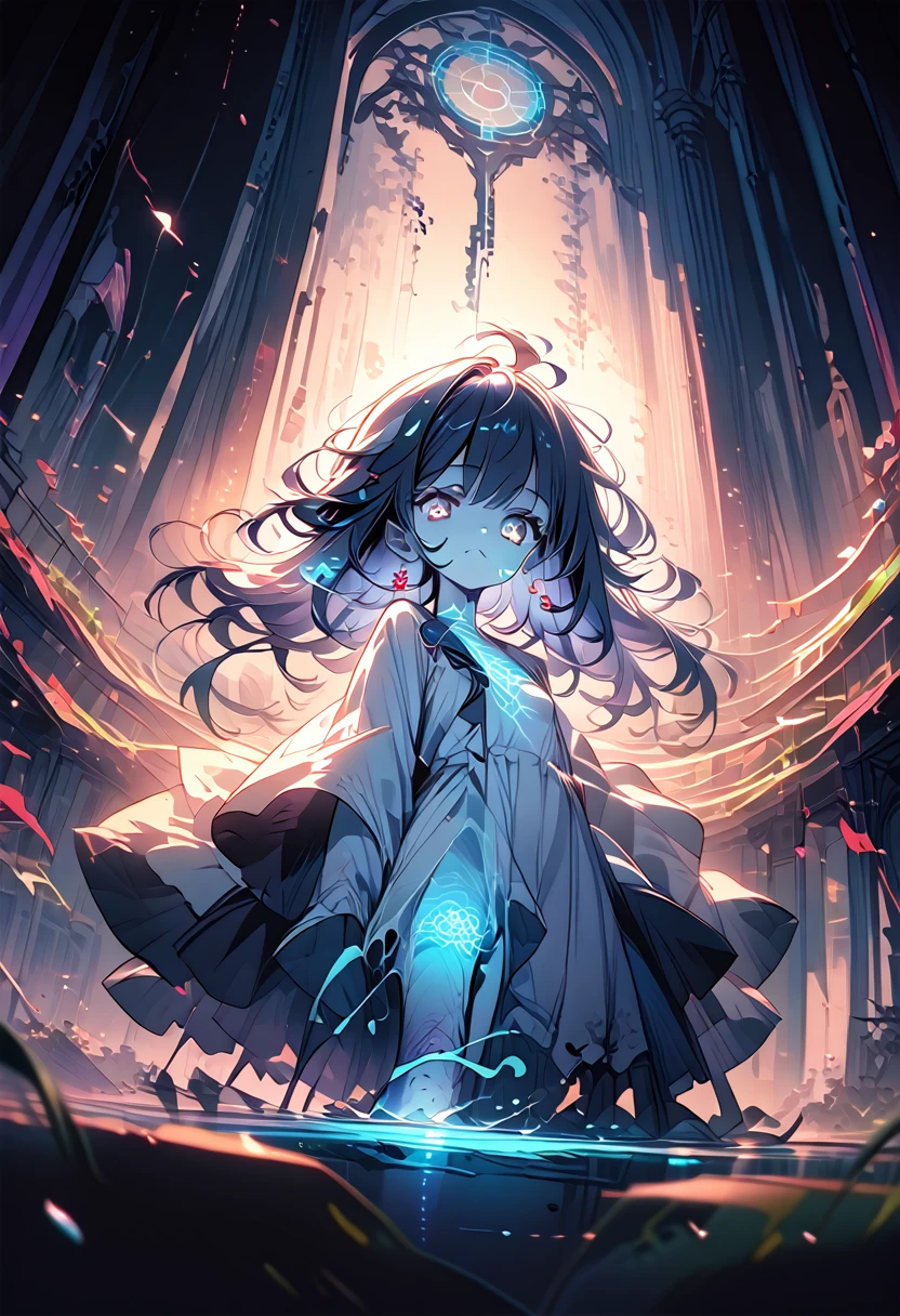 masterpiece, a high resolution, beautiful girl in anime style, be in a dirty glass, immersed in liquid, homunculus, Magic circle, small room with phosphorescent flash, Ideal beautiful girl, no clothes, glowing from within, Looking at the viewer, Laughter, 3D rendering, perspective, amazing anime illustration, impressive lighting, fantasy, dangerous, monstrous