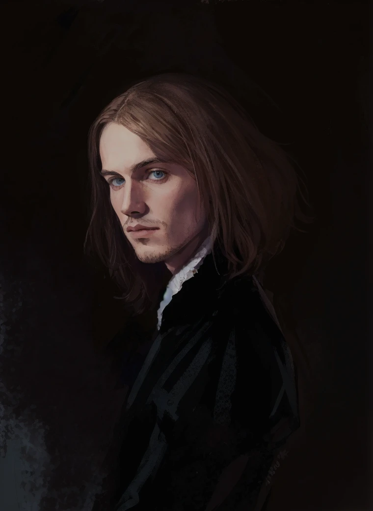 Portrait of Christopher Marlowe as student, white skin, piercing icy blue eyes, silky golden-brown hair, refined features, charp jawline, clean shaved, black Elizabethan velvet jerkin, white laced shirt, Art Nouveau style, Mucha style, Mucha background, realism, high quality1 девочка, 1 девочка, Высокое разрешение, Точность, Высокая детализация, Голландский угол, 