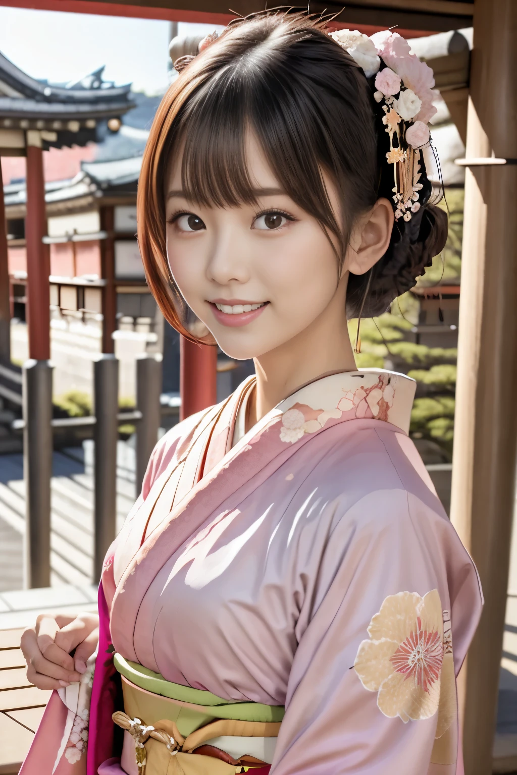 nsfw:1.3, Highest quality, masterpiece, Ultra-high resolution, (Realistic:1.2), RAW Photos, Depth of written boundary, Professional Lighting, Perfect Anatomy, Very detailed, A beautiful Japanese woman, cute, (1) , (A very cute face in the style of a Japanese idol), smile, Black Hair,　Short Hair, bangs, ((Gorgeous pink Japanese-style floral kimono, kimono:1.3)), A beautiful and balanced face, Beautiful Eyes, Delicate hair, 