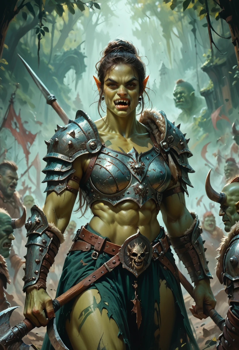 a frightening female orc warrior, detailed orc facial features, ((sharp fangs)), beautiful face, ((green skin)), muscular body, holding a large battle axe, wearing fur armor, warrior expression, dark fantasy, digital painting, hyper detailed, masterpiece