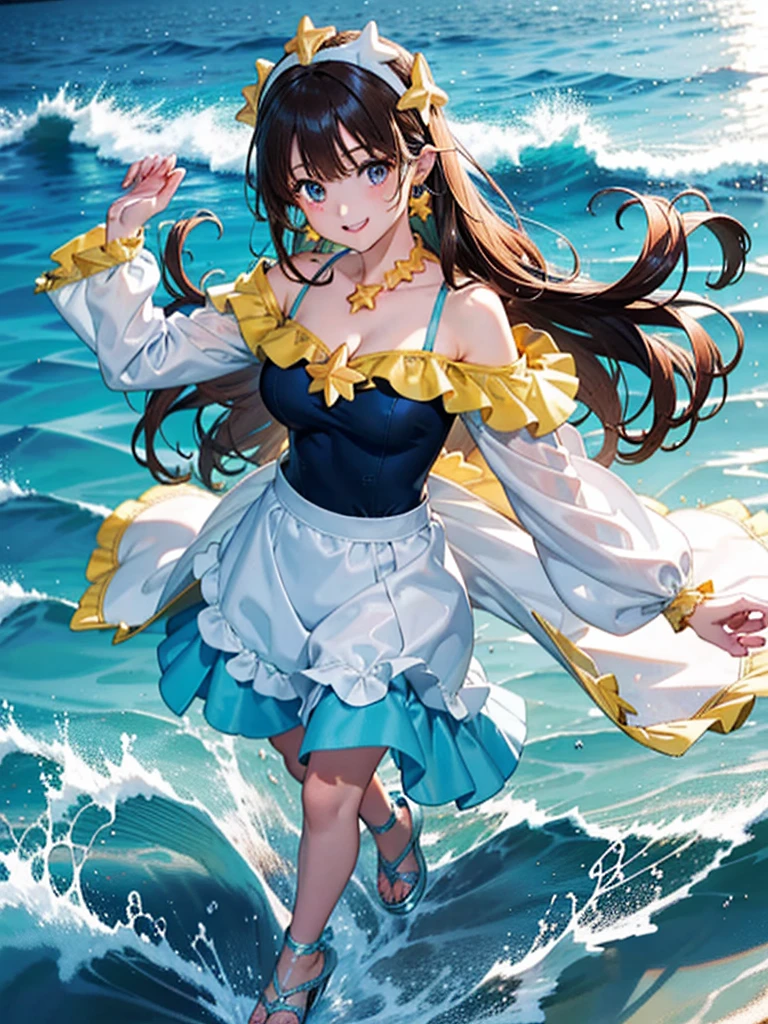 Woman, cute, adorable, full body, smiling, straight hair, long hair, black hair, standing, full breasts, Marine Melody Idol-inspired costume, featuring motifs of seaside dreams with shells and starfish, with a color palette of turquoise and sun yellow, (one-piece), costume includes a fitted top with shell-shaped embellishments and starfish motifs in shimmering turquoise and gold, neckline is off-the-shoulder, adorned with delicate ruffles, skirt is a flowing, ankle-length design with layers of chiffon and satin, creating a breezy, oceanic effect, hemline features embroidered waves and pearl accents, platform sandals, Accessories include a headband and starfish earrings