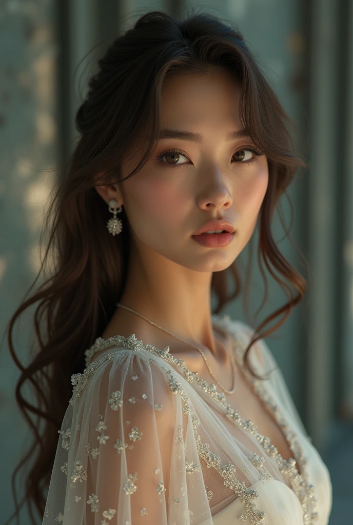 An Award-Winning Masterpiece, (photo realistic) photograph, vogue, mid-modern luxury, The gorgeous beauty model of Victoria's Secret, very detailed, long distance, Ethereal Angel
Outfit: A sheer, flowing gown with subtle shimmer and delicate embroidery. Opt for a soft, neutral color like ivory or champagne.
Accessories: Simple, elegant jewelry like a thin necklace and stud earrings, and strappy heels.
Makeup: Glowing skin with a touch of highlighter, soft gold eyeshadow, and a  lip.
Hair: Smooth, straight hair with a slight wave at the ends.
                             (((metallic ominous war))) [in the style of Anna Razumovskaya and Clovis Trouille:0.4] ral-dissolve, surrealist fantasy, with a Maximalist Style. figure complète hyperréaliste, vetement style musique electronique, ultraRéaliste, hypermaximaliste, Moteur irréel, POINTU, détaillé, méga réalisme, 4K, or 8K, Réaliste, hyperRéaliste, no extra limbs, or distorted looks, make sure hands are correct.