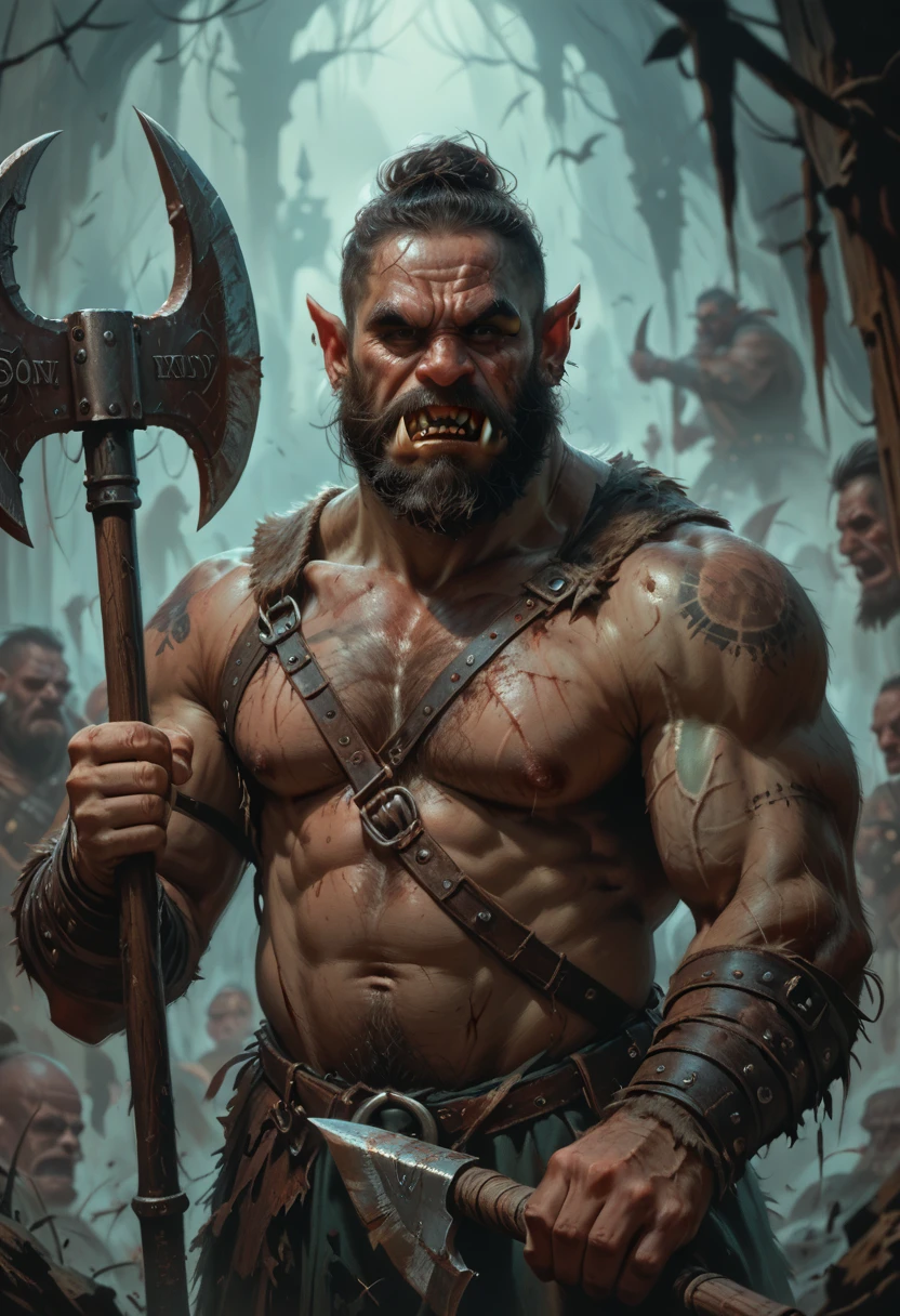 (Highly detailed: 1.2), (Best quality Canon Eos R6: 1.2), (8k: 1.0), (Dynamic Stance: 1.2), masterpiece, best quality, god Odin Norse mythology, mythological wearing, age 75, very muscular, huge, gray hair, bald, scarred, warrior, barbarian, mythological dystopia, (lots of blood: 1.0), mythological dystopia Corpses, heads human, arms and blood.