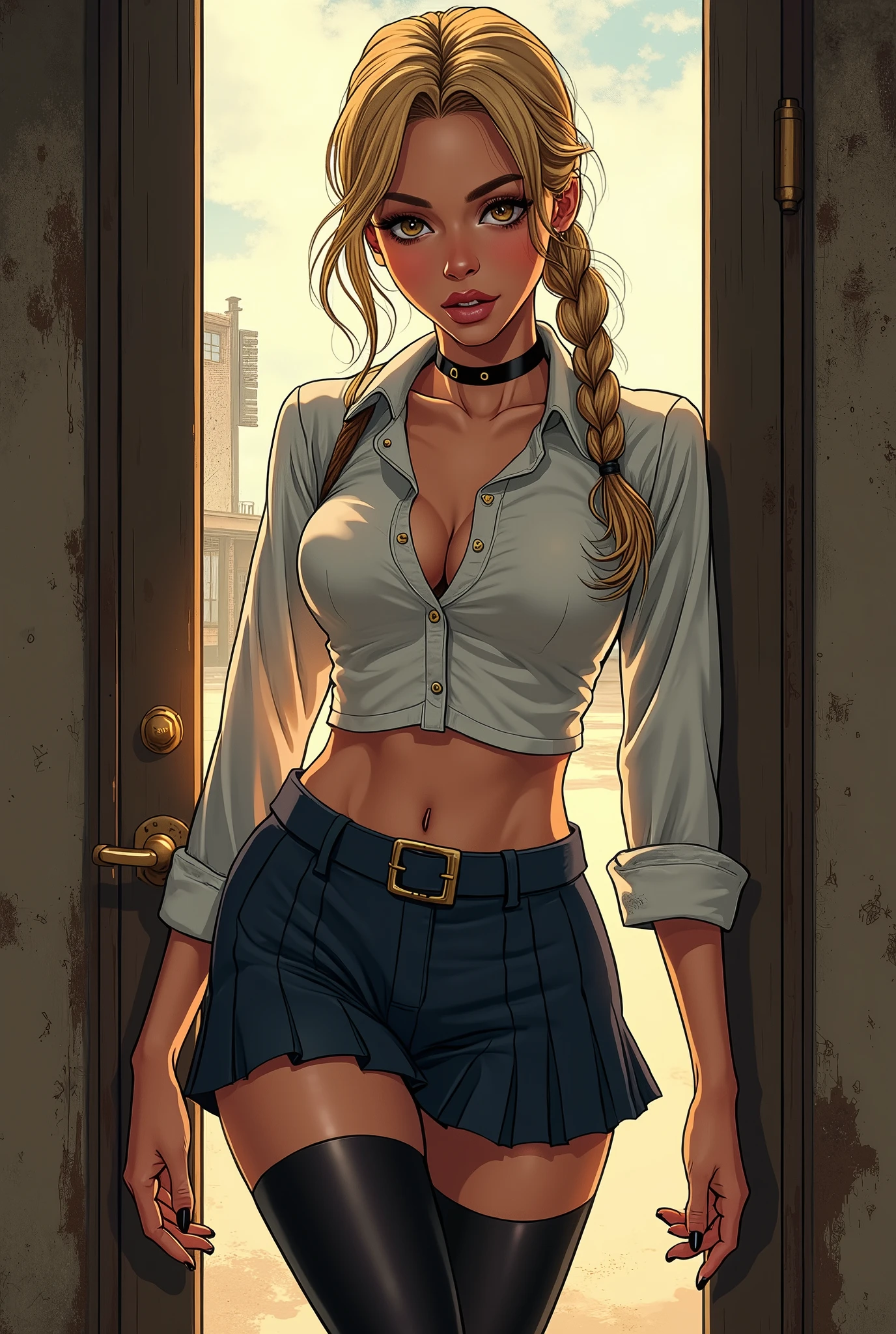 (melhor qualidade, realista, 1 garota), 20 anos de idade, olhos detalhados, Detailed lips, cabelo loiro. short curto, standing, ambiente aconchegante, soft lighting, Ambiente tranquilo,
