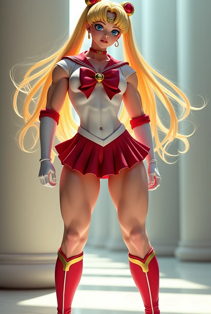 Dark background, seaside, nigh sky, Super Blue Moon, (((Sailor Moon))), Tsukino Usagi, Serena Tsukino, Gentle and pretty face, Smile, ((White translucent gloves)), ((White gloves up to the elbows)), (a blond, Twin-tailed hair), ((a sailor suit, a miniskirt)), (full-length portrait), (Female Bodybuilders), Navel, (surprisingly muscular body), (Red boots), Reallife Human, Blonde hair, High School Girl