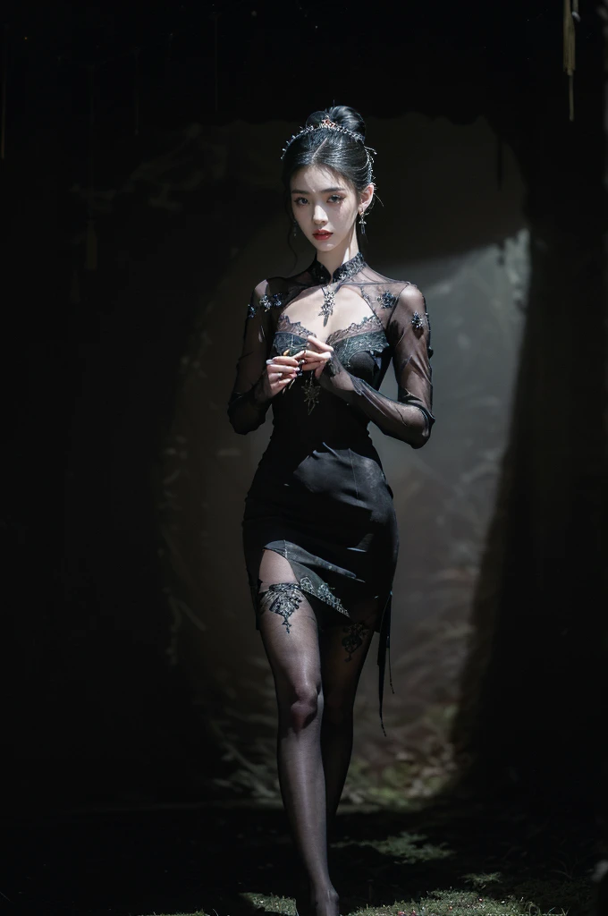 Realistic extremely tall slender and skinny albino woman erotically teasing and lying on a table. black extreme high-heels, black pantyhose, long neck, short white hair, bob hairstyle, see-through barely visible black transparent long cyberpunk dress with gothic ornaments, fluffy mini-skirt, long gloves, full body capture, extremely detailed. ((Silk black, completely transparent dress:1.3))