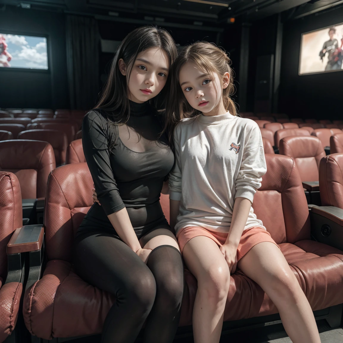 young kid, little daughter, A girl, 12 years, In a theater, tight clothing