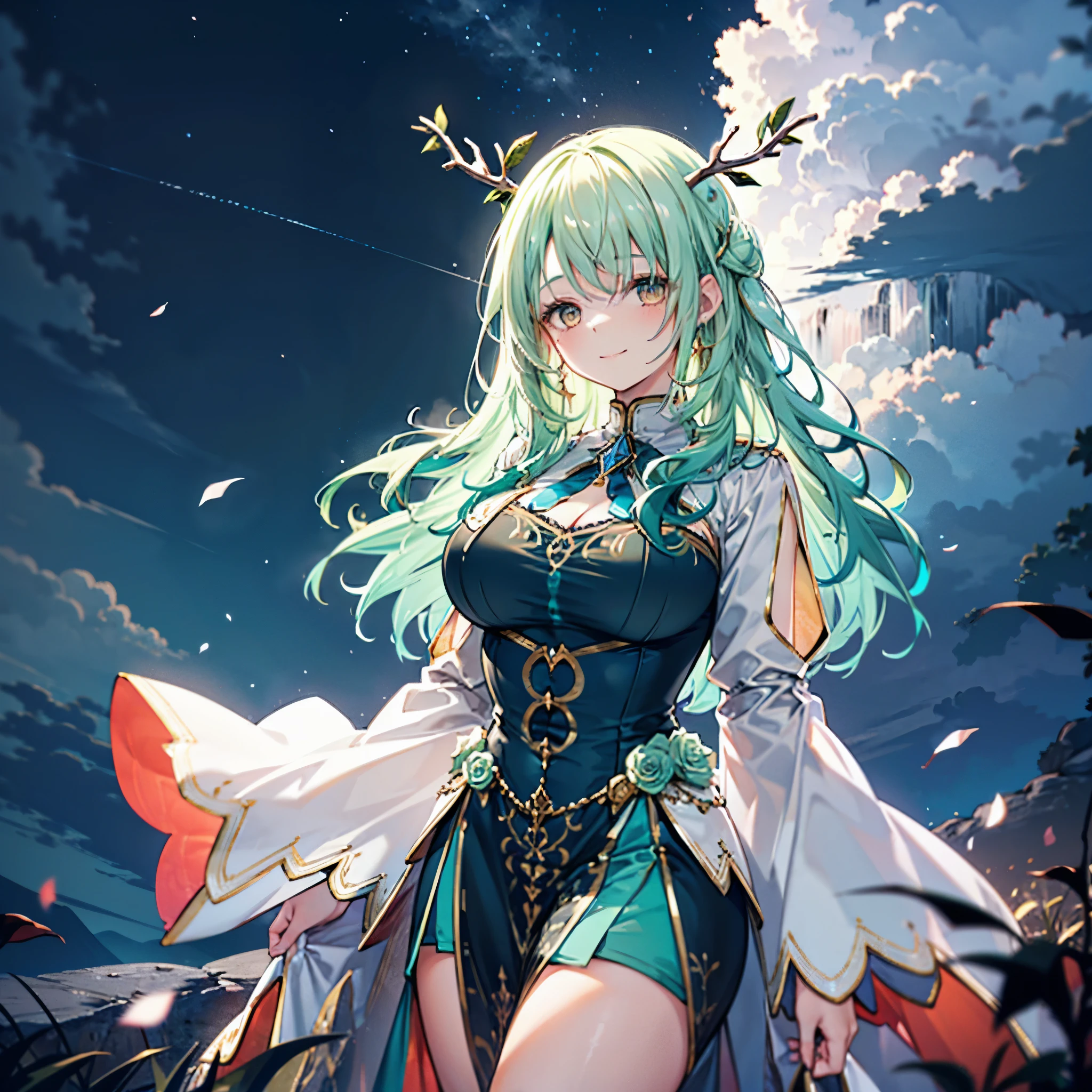 Young goddes with blue dress with golden details, antlers, golden eyes, green hair, flowers in hair, gently smile, beautiful gorest at night, storm at the distance, voluminous and curvy body, motherly vibes