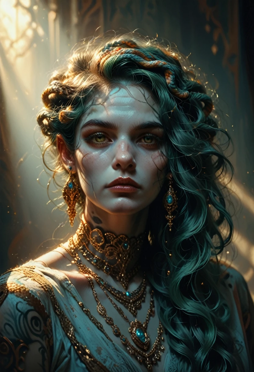 a beautiful gorgon woman with snakes for hair, piercing gaze, detailed intricate snake hair, pale skin, dramatic lighting, fantasy portrait, dark moody atmosphere, dramatic chiaroscuro, deep shadows, rich colors, ornate jewelry, ethereal beauty, digital painting