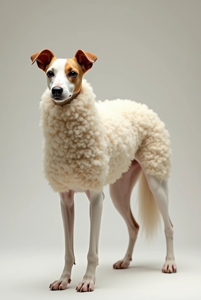 wolf wearing sheep costume, many sheep in the background,