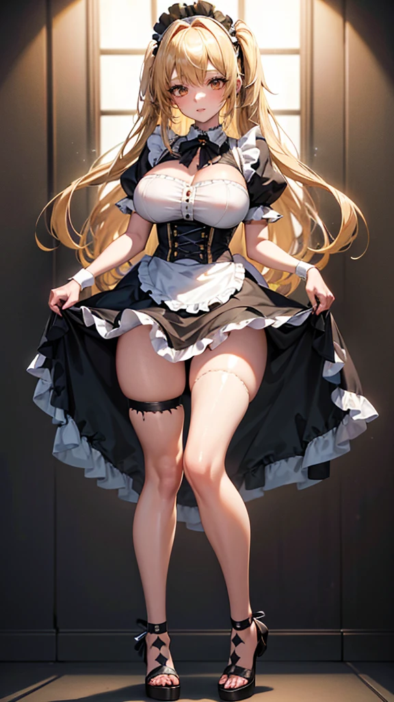 ((highest quality、High resolution))、A beautiful woman、Perfect body、beautiful ample breasts、Long blonde、bangs、Blue and white ribbon、embellished sexy dress、skirt、a sexually excited look、Legs wide open、(((POV、straddling、Having sex)))、Creampie