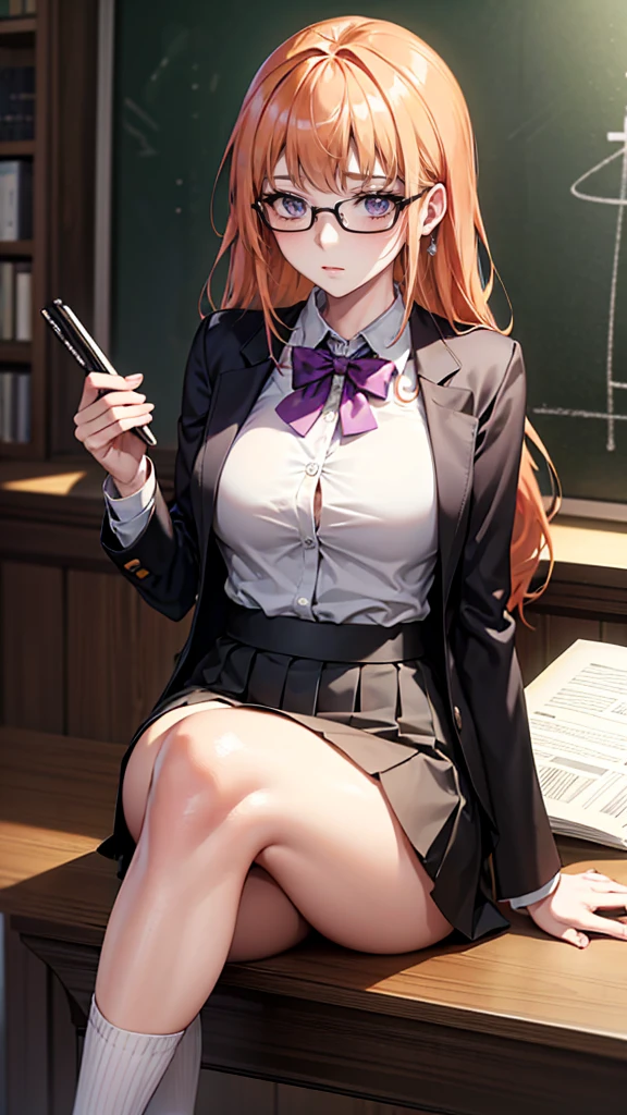 a lady sitting on a chair，Holding a notebook in hand, Wearing a serious black suit, sitting on the table, Strictly abide by, on the table, Strictly abide by, Japanese Goddess, Knee-high socks and skirt, Sitting at her desk, 坐on the table, Sitting at a desk, Wearing a suit, Elegant legs, looking ahead, Cross your legs, Sakura Futaba, Orange Hair, Bangs, Purple Eyes, Violet eyes, Glasses, White Button-Down Shirt, earphone, Thickness, Green jacket, Thick thighs