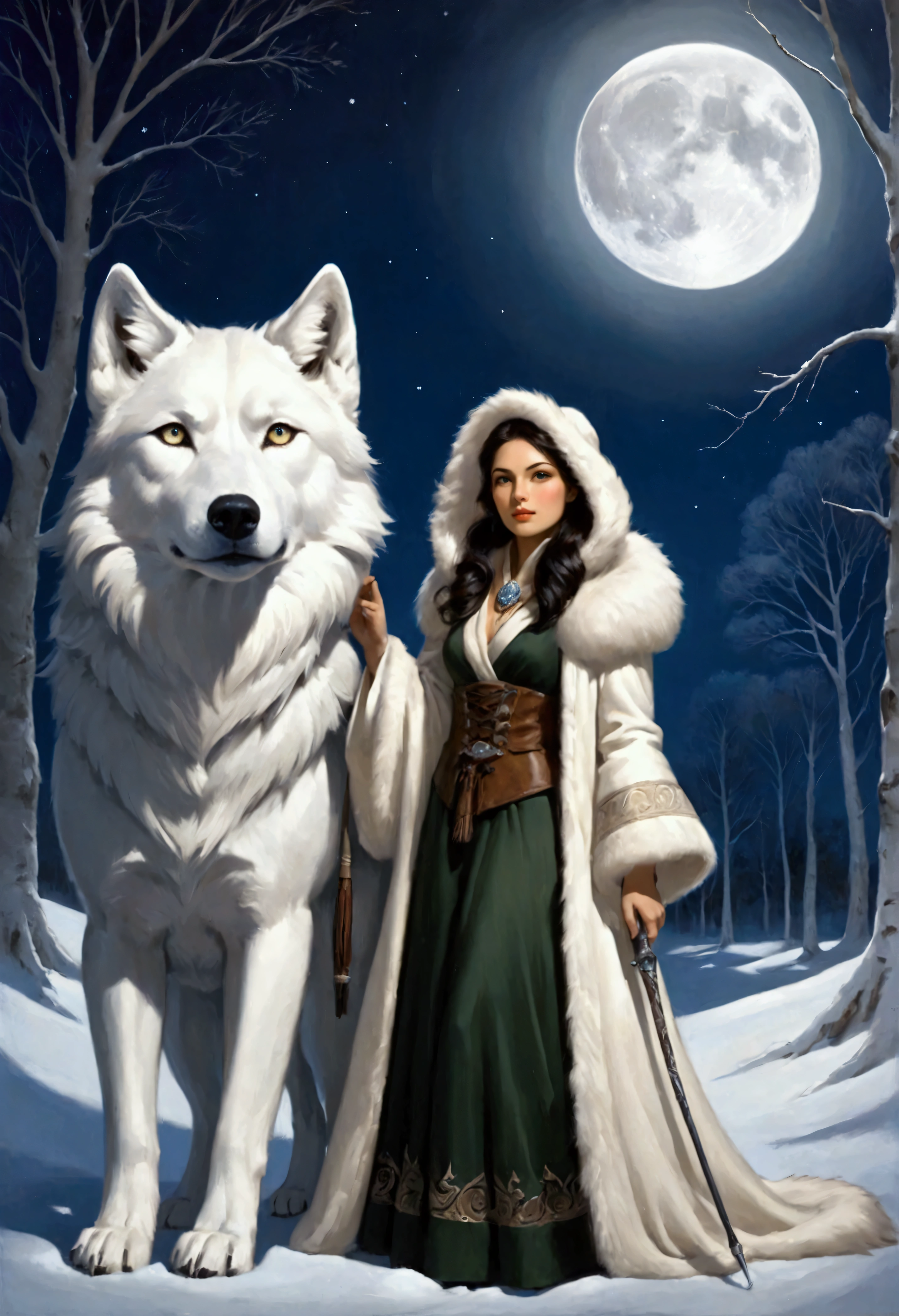 An award-winning digital masterpiece, capturing a very pretty female exotic hunter in a moment of serene relaxation under the soft glow of an ethereal full moon. Dressed in an exquisite white wolf-skin coat with a fur-lined hood, she exudes both elegance and strength, her coat blending seamlessly with the snow-covered wilderness around her. She rests her hand on an old-world rifle, its antique craftsmanship adding a sense of history and tradition to her persona.

Beside her sits her loyal companion, a majestic white dire wolf, its massive form illuminated by the moonlight. The dire wolf, with its powerful build and shimmering white fur, lounges calmly by her side, its piercing eyes reflecting the tranquil beauty of the night. The bond between them is palpable, as they share this rare moment of peace amidst the wild, their companionship unspoken but deeply felt.

The ethereal full moon casts a soft, glowing light across the scene, creating long shadows that dance across the snow. The surrounding landscape, with frost-covered trees and a blanket of snow, enhances the tranquil atmosphere, while delicate mist swirls around them, adding an otherworldly quality. The moonlight reflects off the hunter’s coat and the dire wolf’s fur, highlighting their regal presence in the wilderness.

The composition is a perfect blend of beauty, power, and serenity, with the hunter and her dire wolf sharing a quiet, intimate moment under the moon’s gentle glow. The intricate details of the old-world rifle, the wolf-skin coat, and the mystical landscape create a visually stunning portrayal of a hunter deeply connected to both her past and her loyal companion.