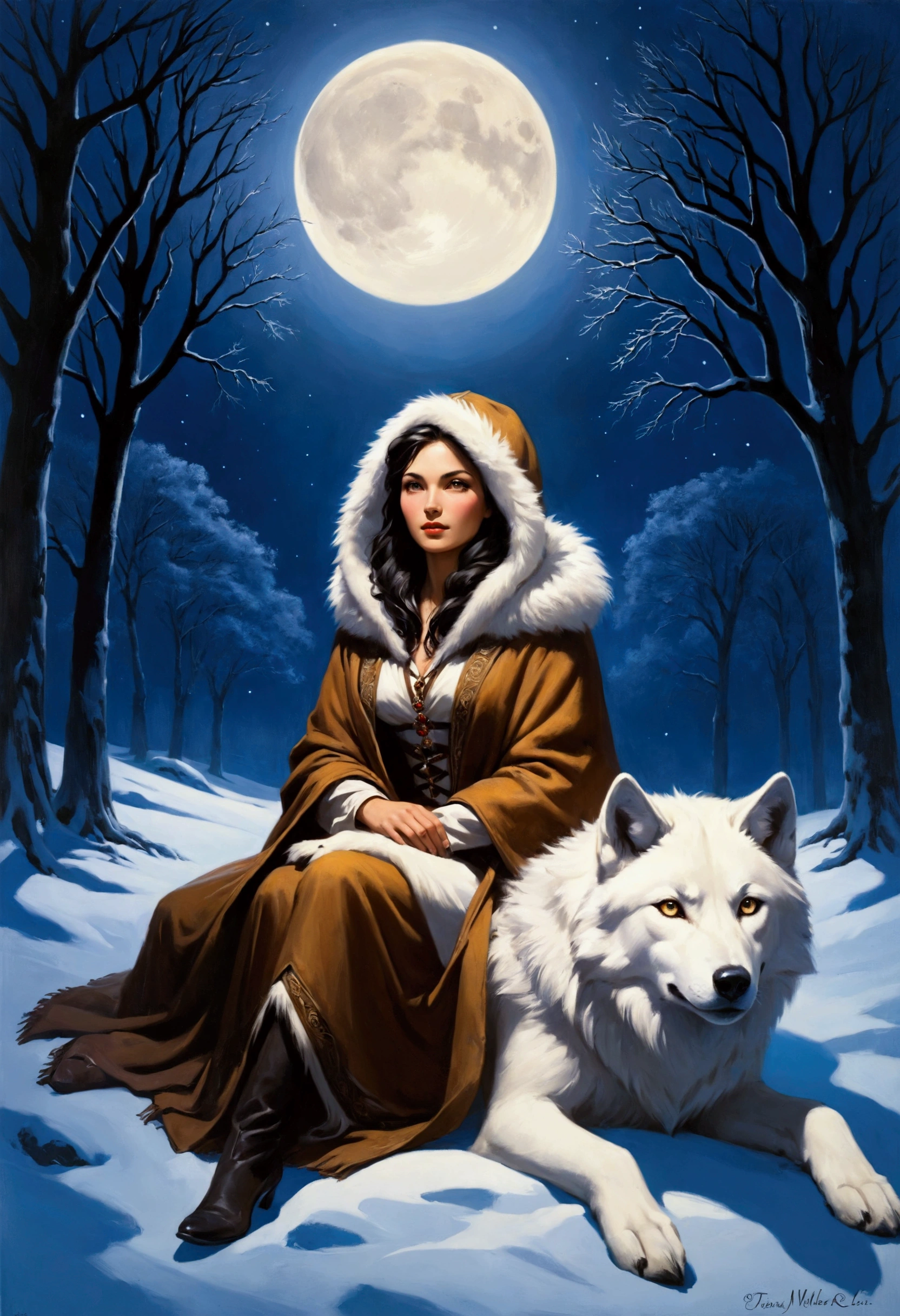 An award-winning digital masterpiece, capturing a very pretty female exotic hunter in a moment of serene relaxation under the soft glow of an ethereal full moon. Dressed in an exquisite white wolf-skin coat with a fur-lined hood, she exudes both elegance and strength, her coat blending seamlessly with the snow-covered wilderness around her. She rests her hand on an old-world rifle, its antique craftsmanship adding a sense of history and tradition to her persona.

Beside her sits her loyal companion, a majestic white dire wolf, its massive form illuminated by the moonlight. The dire wolf, with its powerful build and shimmering white fur, lounges calmly by her side, its piercing eyes reflecting the tranquil beauty of the night. The bond between them is palpable, as they share this rare moment of peace amidst the wild, their companionship unspoken but deeply felt.

The ethereal full moon casts a soft, glowing light across the scene, creating long shadows that dance across the snow. The surrounding landscape, with frost-covered trees and a blanket of snow, enhances the tranquil atmosphere, while delicate mist swirls around them, adding an otherworldly quality. The moonlight reflects off the hunter’s coat and the dire wolf’s fur, highlighting their regal presence in the wilderness.

The composition is a perfect blend of beauty, power, and serenity, with the hunter and her dire wolf sharing a quiet, intimate moment under the moon’s gentle glow. The intricate details of the old-world rifle, the wolf-skin coat, and the mystical landscape create a visually stunning portrayal of a hunter deeply connected to both her past and her loyal companion.