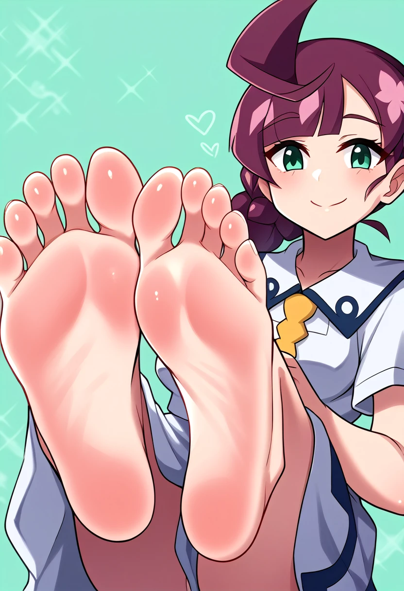 2D anime style, nerd barefoot girl school  years old sitting on empty table lifting feet, wrinkled soles,refrigerator 