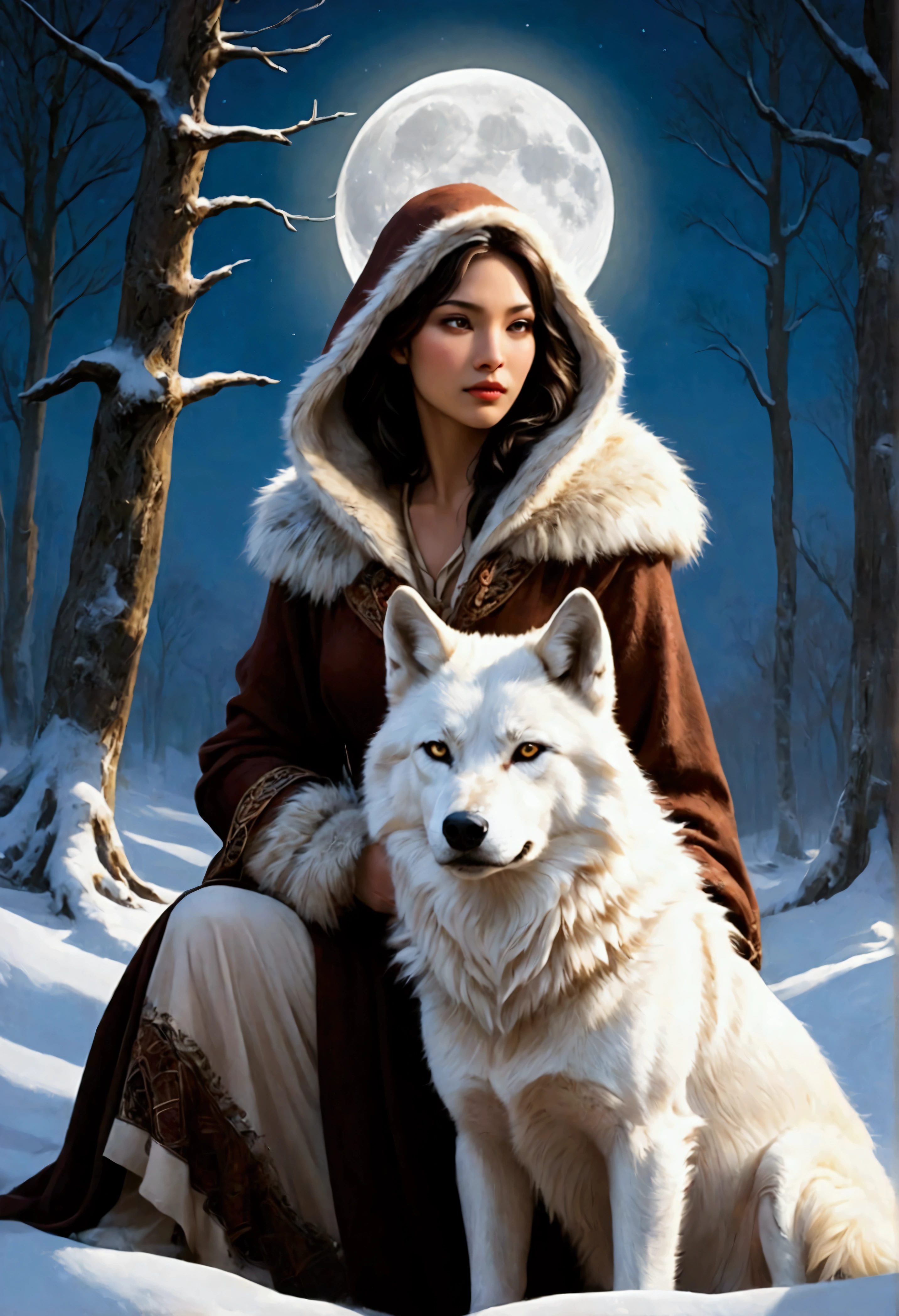 An award-winning digital masterpiece, capturing a very pretty female exotic hunter in a moment of serene relaxation under the soft glow of an ethereal full moon. Dressed in an exquisite white wolf-skin coat with a fur-lined hood, she exudes both elegance and strength, her coat blending seamlessly with the snow-covered wilderness around her. She rests her hand on an old-world rifle, its antique craftsmanship adding a sense of history and tradition to her persona.

Beside her sits her loyal companion, a majestic white dire wolf, its massive form illuminated by the moonlight. The dire wolf, with its powerful build and shimmering white fur, lounges calmly by her side, its piercing eyes reflecting the tranquil beauty of the night. The bond between them is palpable, as they share this rare moment of peace amidst the wild, their companionship unspoken but deeply felt.

The ethereal full moon casts a soft, glowing light across the scene, creating long shadows that dance across the snow. The surrounding landscape, with frost-covered trees and a blanket of snow, enhances the tranquil atmosphere, while delicate mist swirls around them, adding an otherworldly quality. The moonlight reflects off the hunter’s coat and the dire wolf’s fur, highlighting their regal presence in the wilderness.

The composition is a perfect blend of beauty, power, and serenity, with the hunter and her dire wolf sharing a quiet, intimate moment under the moon’s gentle glow. The intricate details of the old-world rifle, the wolf-skin coat, and the mystical landscape create a visually stunning portrayal of a hunter deeply connected to both her past and her loyal companion.