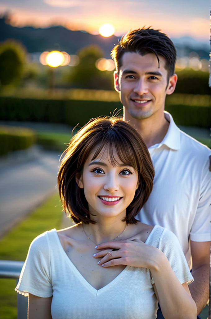 ((Highest quality、、masterpiece:1.3))、1 male 1 female、Ana de Armas 37 years old 39 years old、Slim Beauty、Beautiful couple、Upper Body、smile、 (Slim face), (the body is スリム), (Brown Hair), (Shortcuts), テーブルのフルコースディナーとwine glass、Amazing view of the sunset sky and clouds、smileの美しさ、Wine bottle、sparkling wine、Long sleeve shirt、dress、White wine, red wine, wine glass, Beautiful fine grain, Depth f/2,saturation, High Contrast, Strong light and shadow,Moist Body:1.5、3D texture、The hair is very shiny、